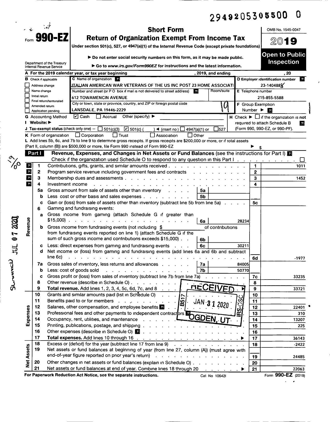 Image of first page of 2019 Form 990EO for Italian American War Veterans of the Us - Post 23 Home Association