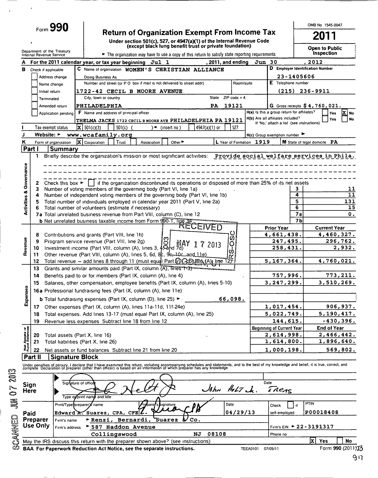 Image of first page of 2011 Form 990 for Womens Christian Alliance (WCA)