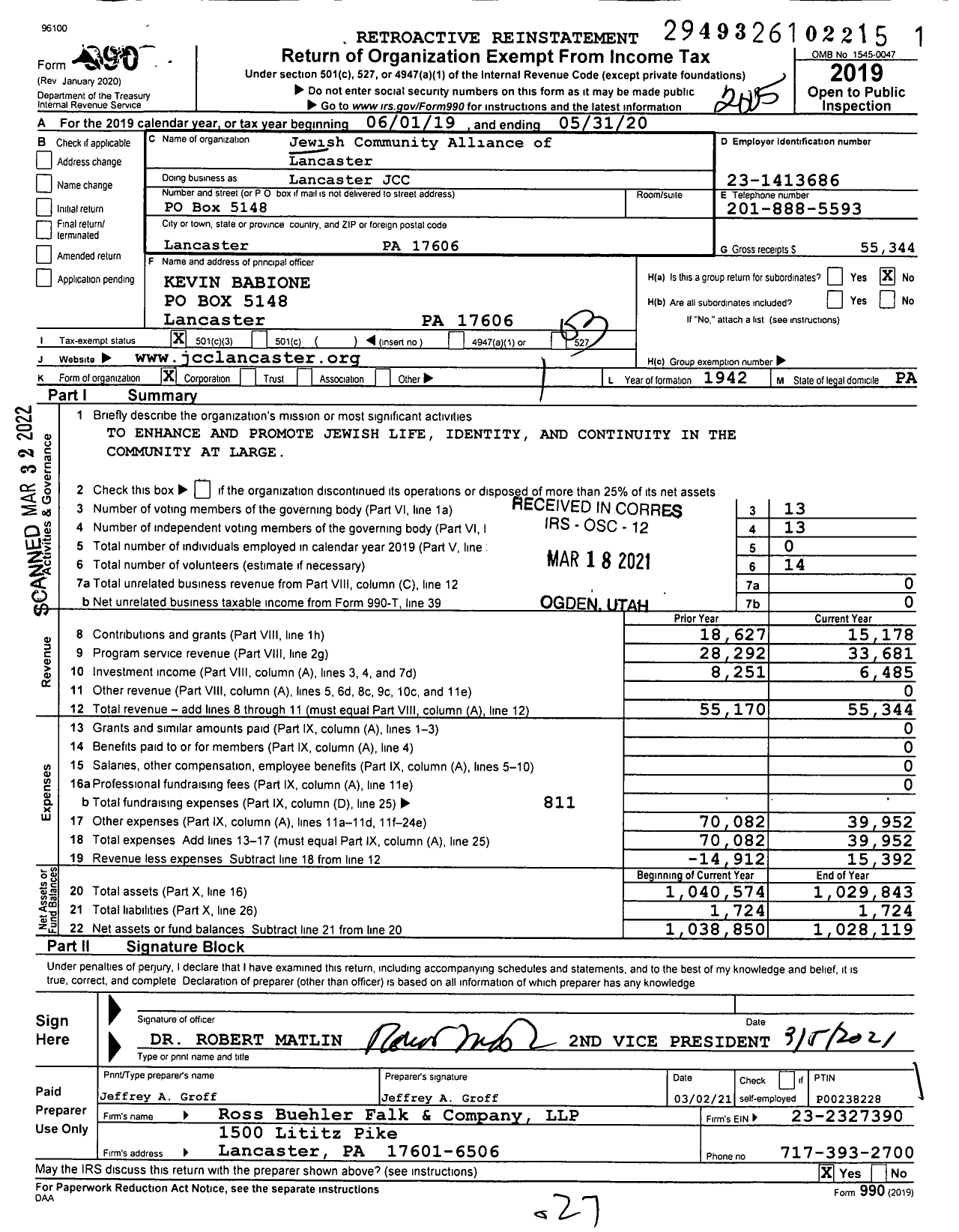 Image of first page of 2019 Form 990 for Lancaster JCC