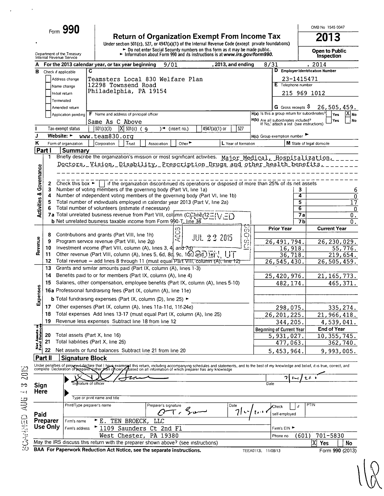 Image of first page of 2013 Form 990O for Teamsters Local 830 Welfare Fund