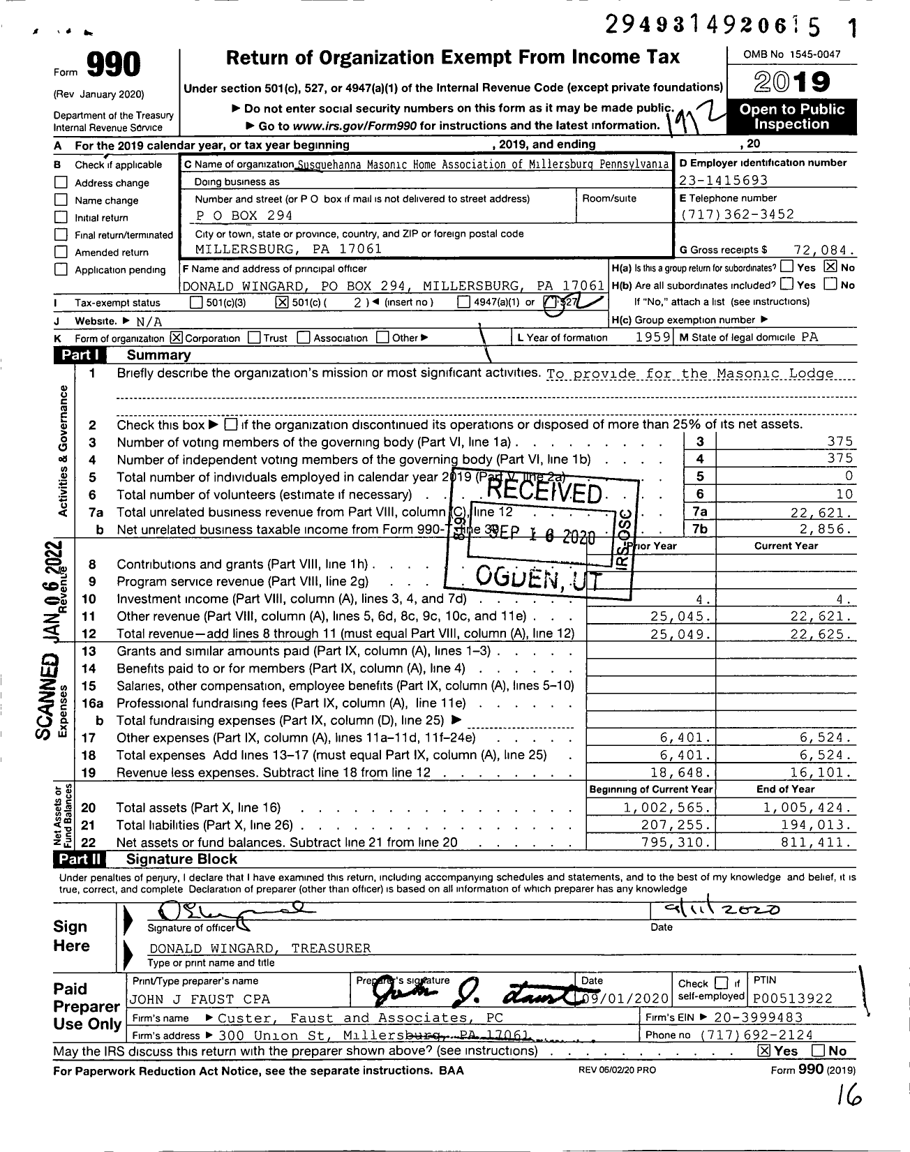 Image of first page of 2019 Form 990O for Susquehanna Masonic Home Association of Millersburg Pennsylvania