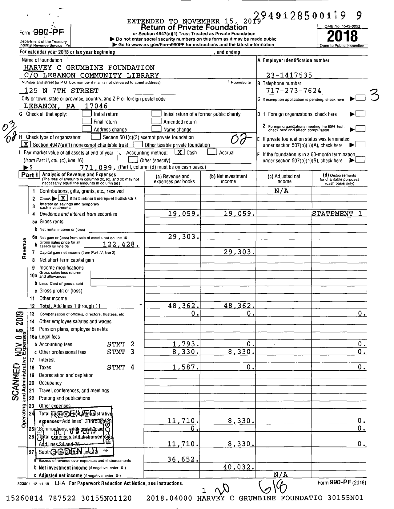 Image of first page of 2018 Form 990PF for Harvey C Grumbine Foundation