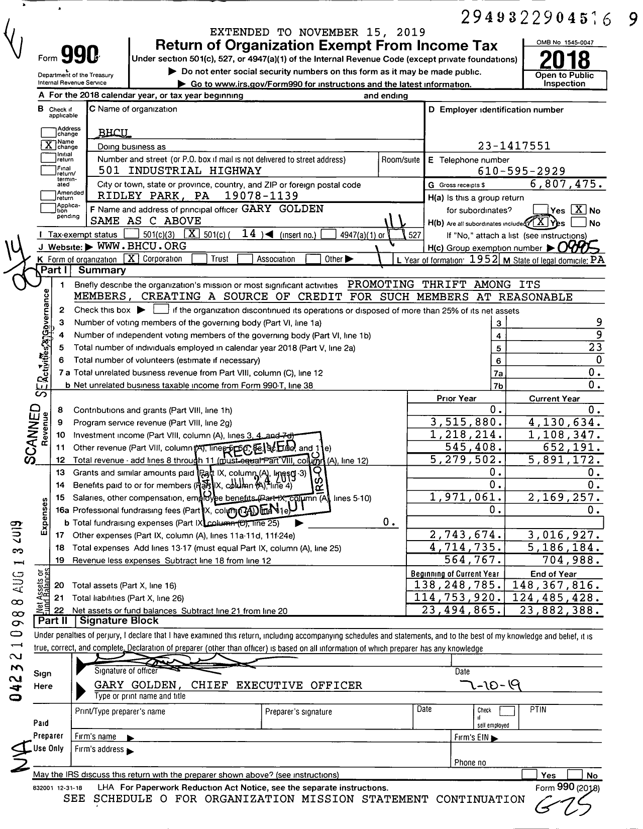 Image of first page of 2018 Form 990O for Boeing Helicopters Credit Union (BHCU)