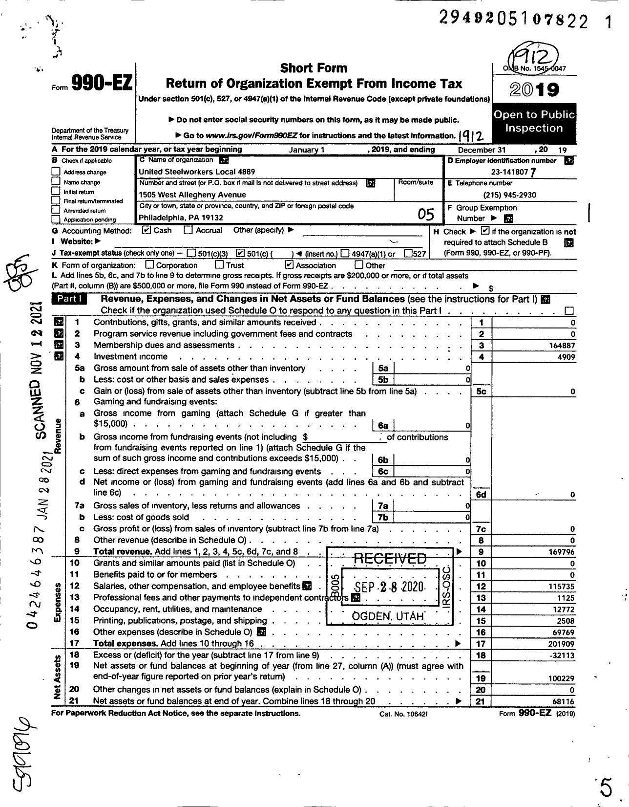 Image of first page of 2019 Form 990EO for United Steelworkers - 04889 Local