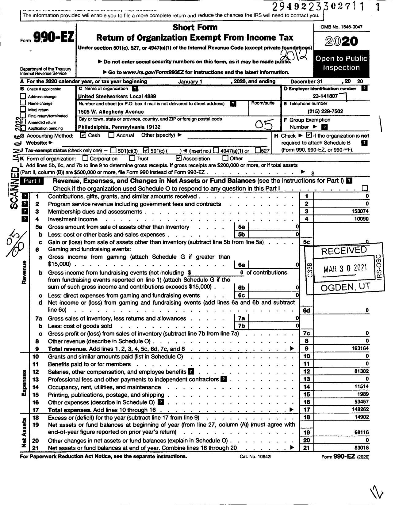 Image of first page of 2020 Form 990EO for United Steelworkers - 04889 Local