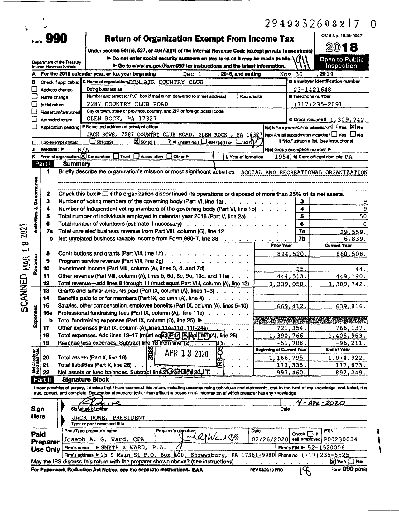Image of first page of 2018 Form 990 for Bon Air Country Club
