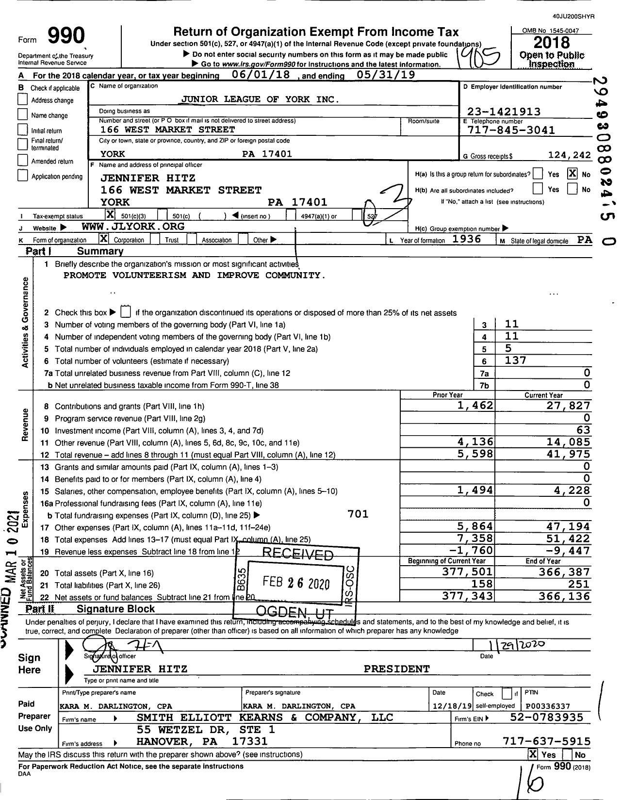 Image of first page of 2018 Form 990 for Junior League of York