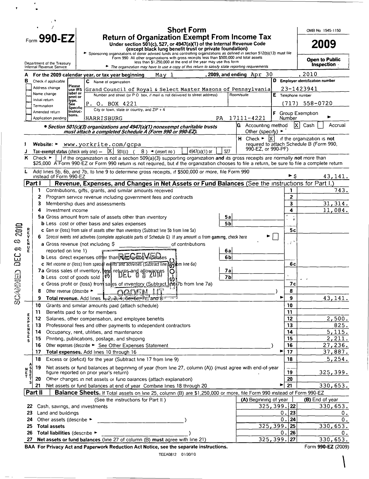 Image of first page of 2009 Form 990EO for Royal and Select Masters of Pennsylvania