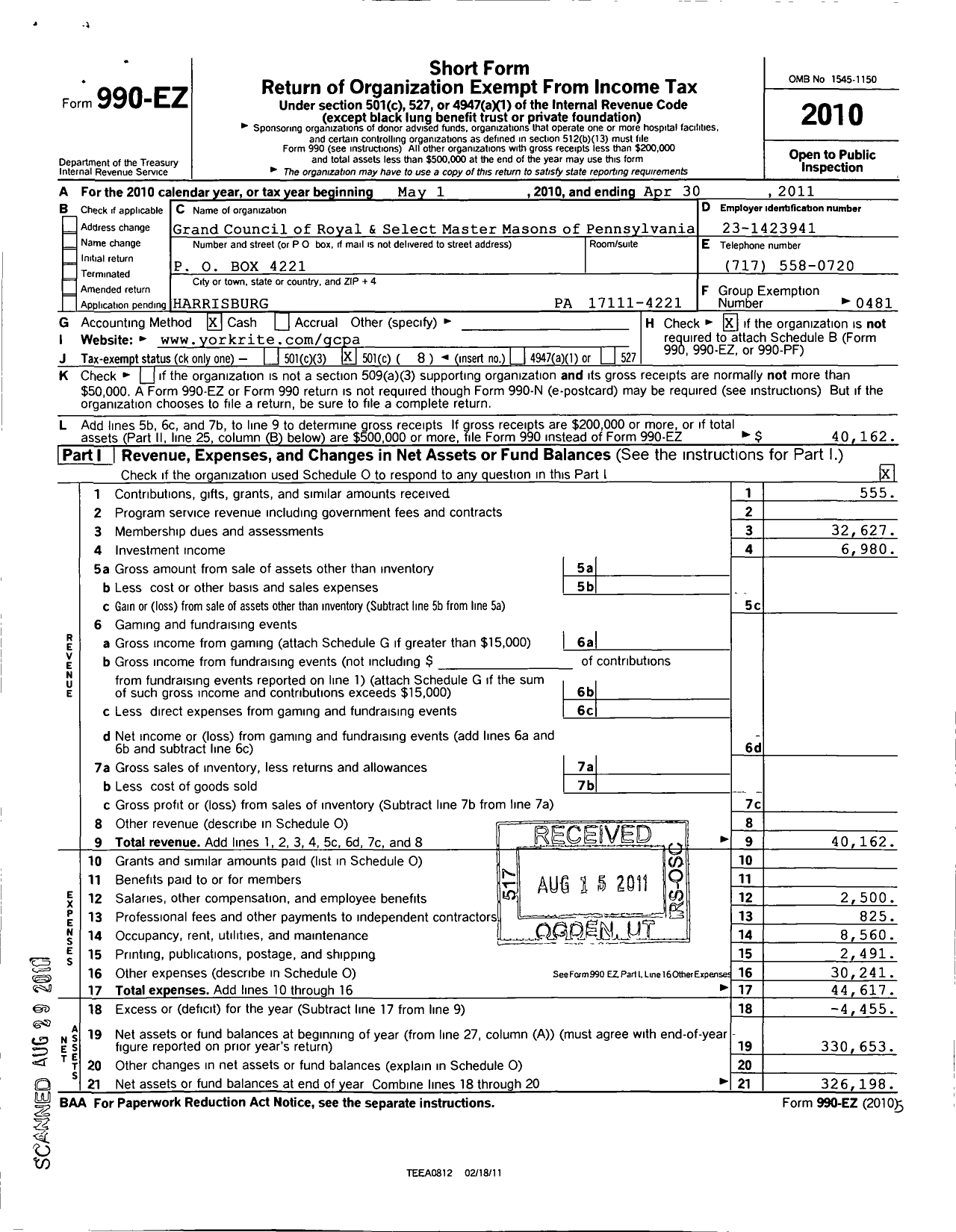 Image of first page of 2010 Form 990EO for Royal and Select Masters of Pennsylvania