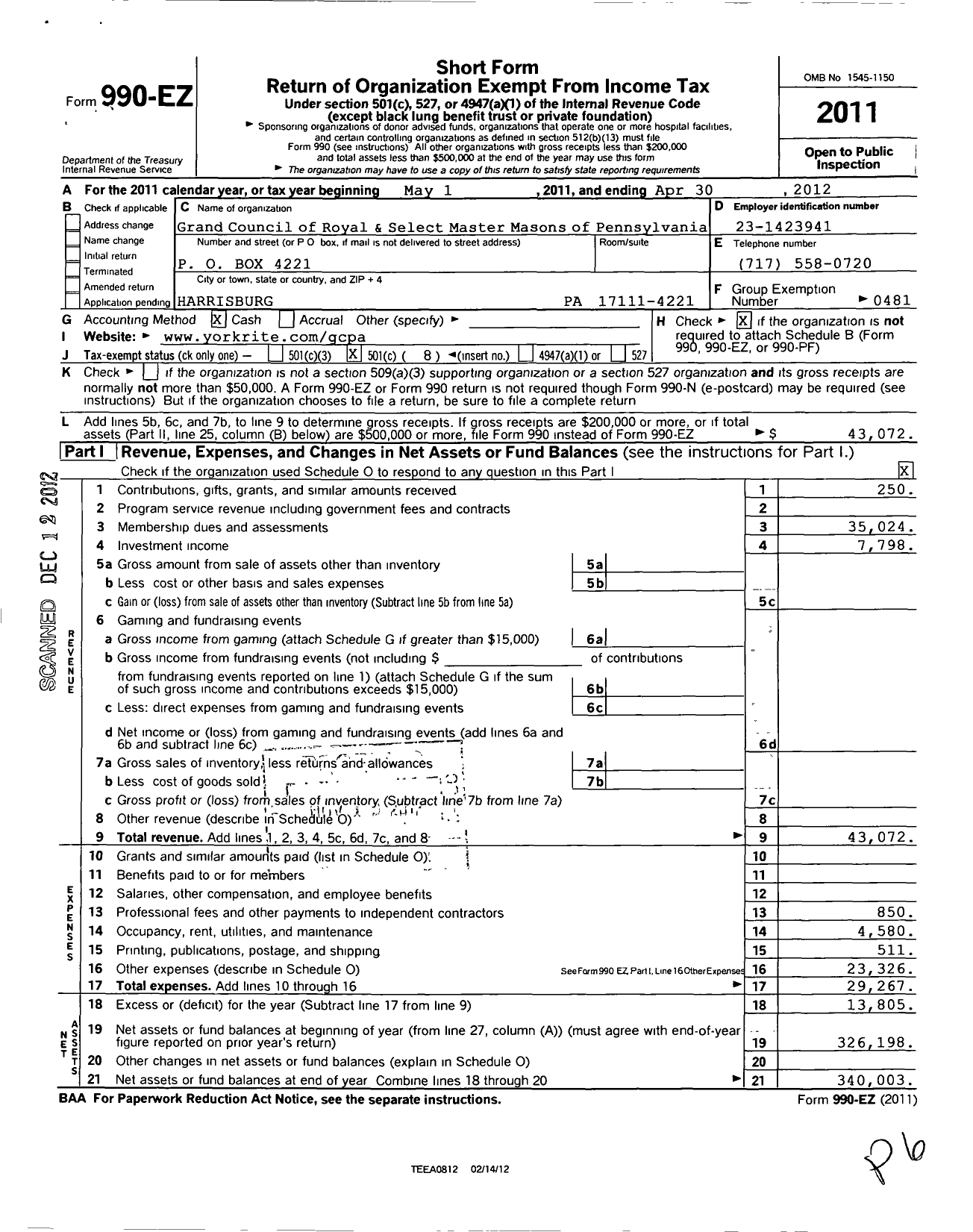 Image of first page of 2011 Form 990EO for Royal and Select Masters of Pennsylvania