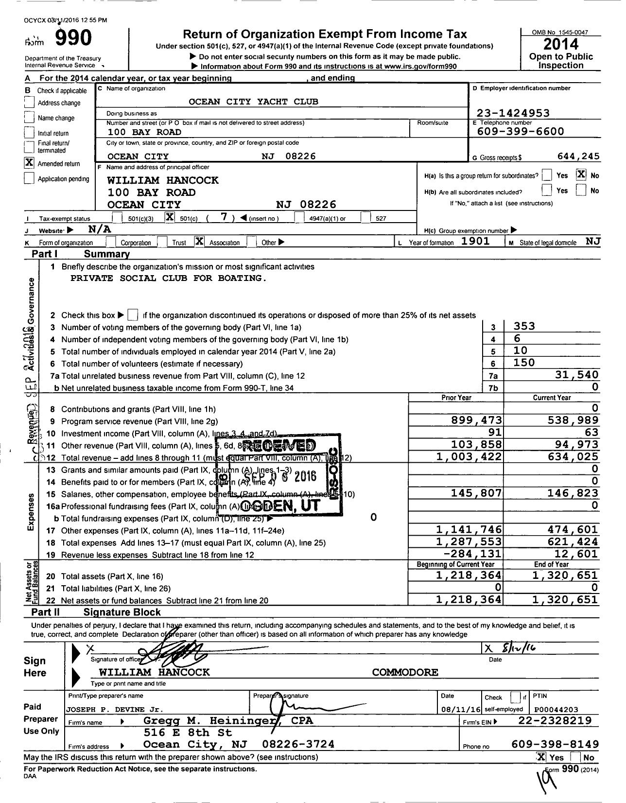 Image of first page of 2014 Form 990O for Ocean City Yacht Club