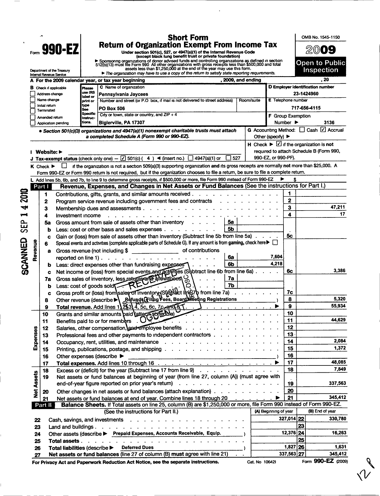 Image of first page of 2009 Form 990EO for United States Junior Chamber of Commerce / Pennsylvania Jaycees