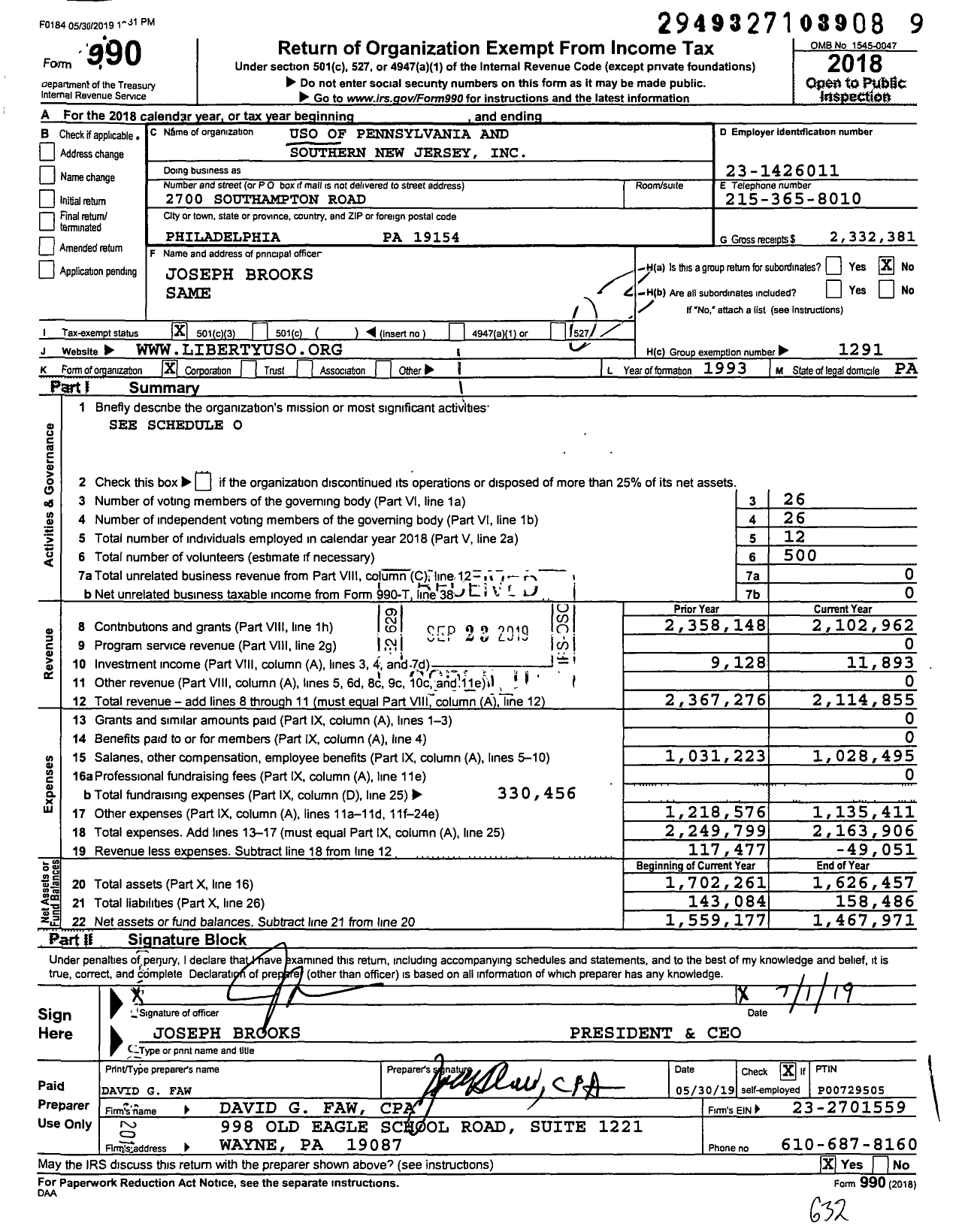 Image of first page of 2018 Form 990 for USO of Pennsylvania and Southern New Jersey
