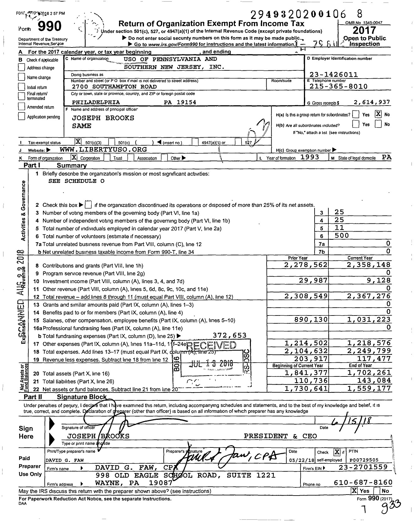 Image of first page of 2017 Form 990 for USO of Pennsylvania and Southern New Jersey