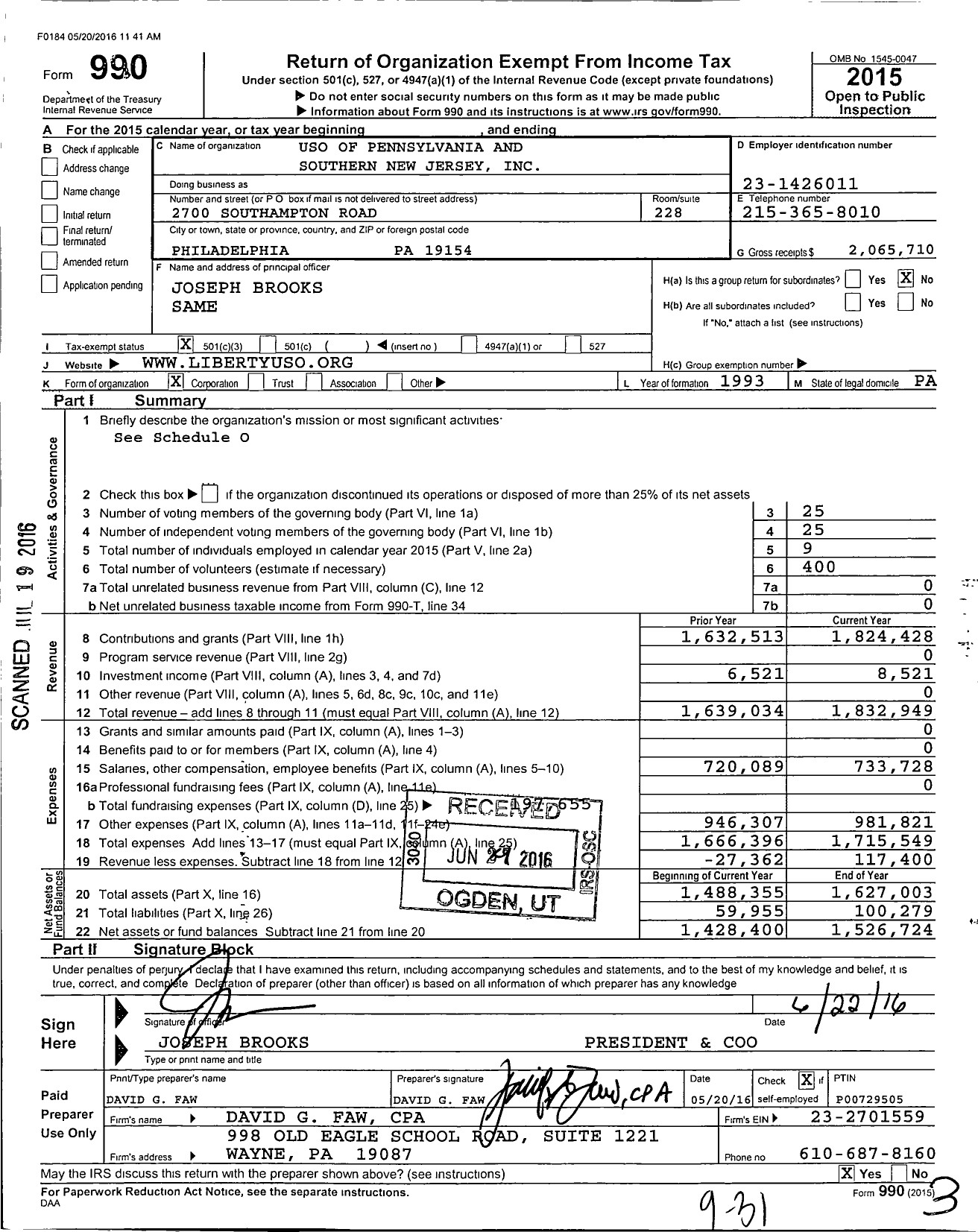 Image of first page of 2015 Form 990 for USO of Pennsylvania and Southern New Jersey