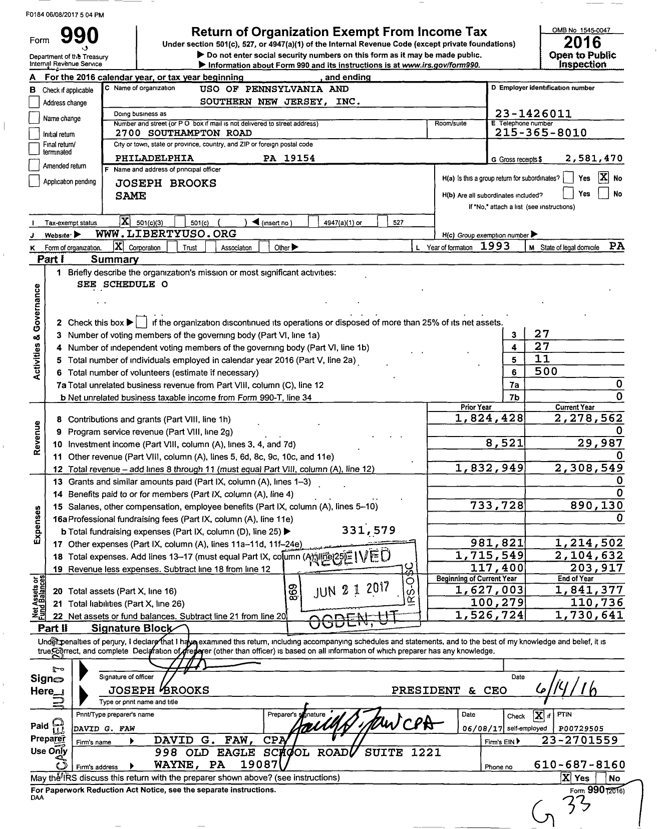 Image of first page of 2016 Form 990 for USO of Pennsylvania and Southern New Jersey