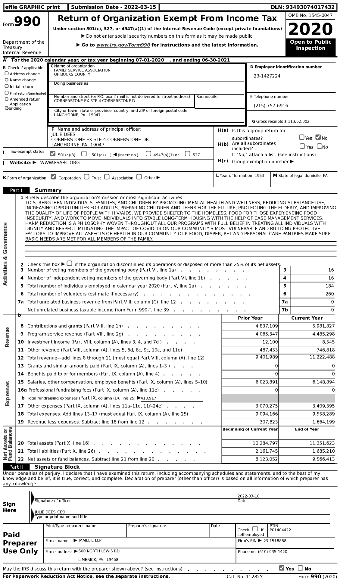 Image of first page of 2020 Form 990 for Family Service Association of Bucks County