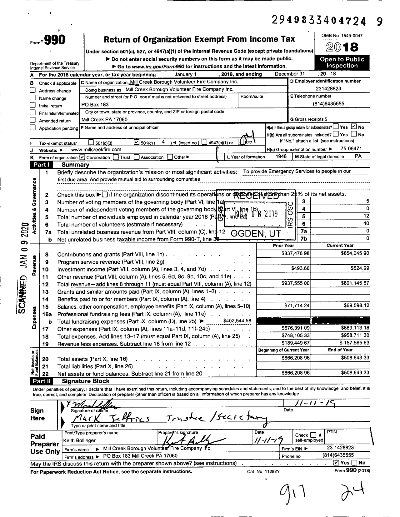 Image of first page of 2018 Form 990O for Mill Creek Borough Volunteer Fire Company