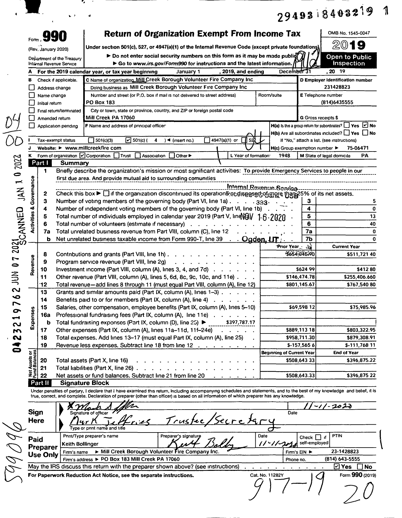 Image of first page of 2019 Form 990O for Mill Creek Borough Volunteer Fire Company