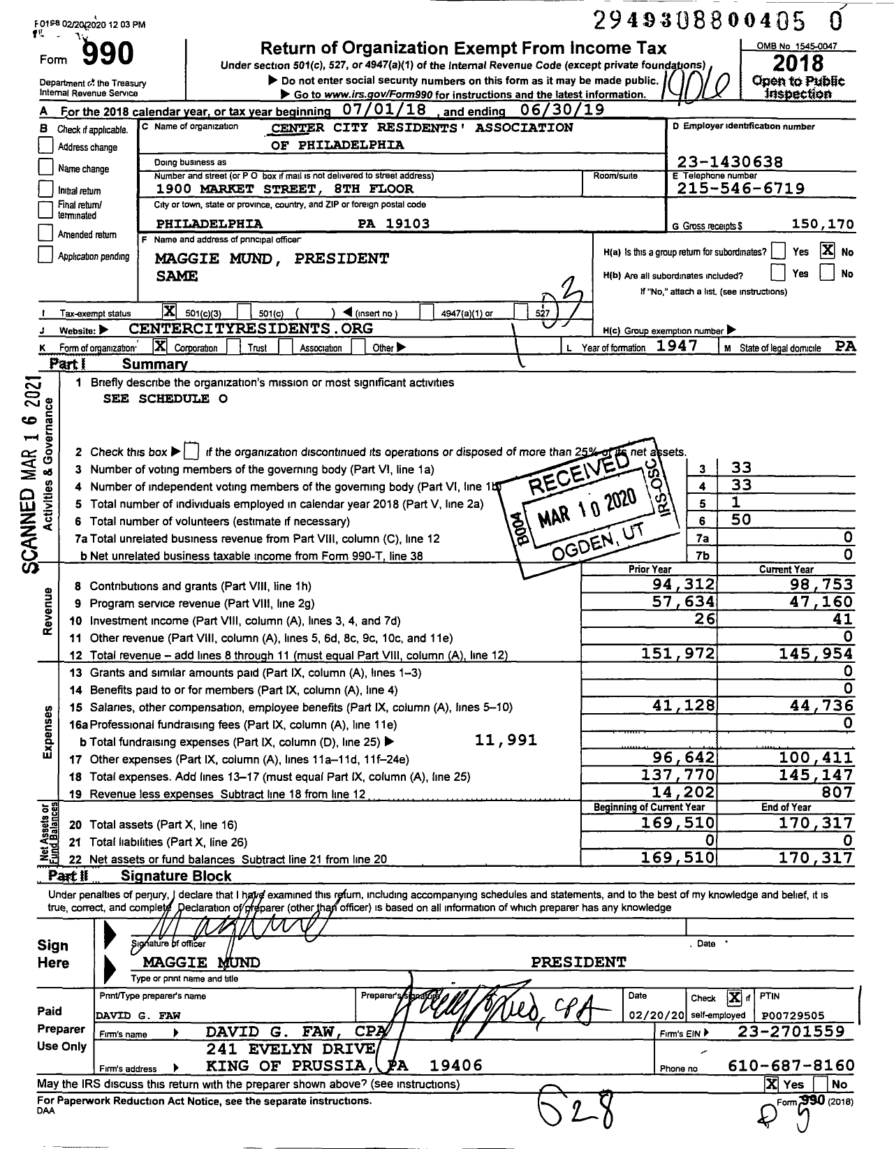 Image of first page of 2018 Form 990 for Center City Residents' Association of Philadelphia