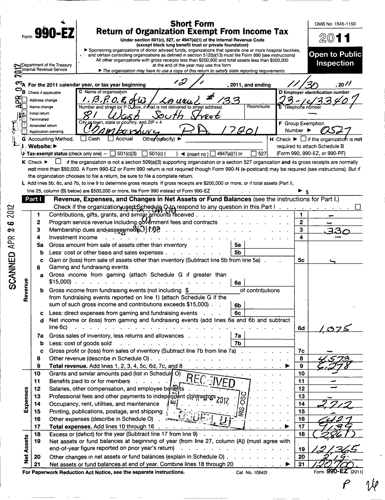 Image of first page of 2010 Form 990EO for Improved Benevolent and Protective Order of Elks of the World - 133 Laurel Lodge