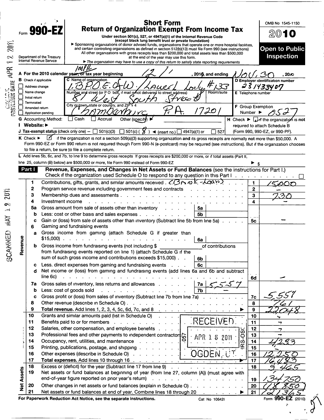 Image of first page of 2009 Form 990EO for Improved Benevolent and Protective Order of Elks of the World - 133 Laurel Lodge