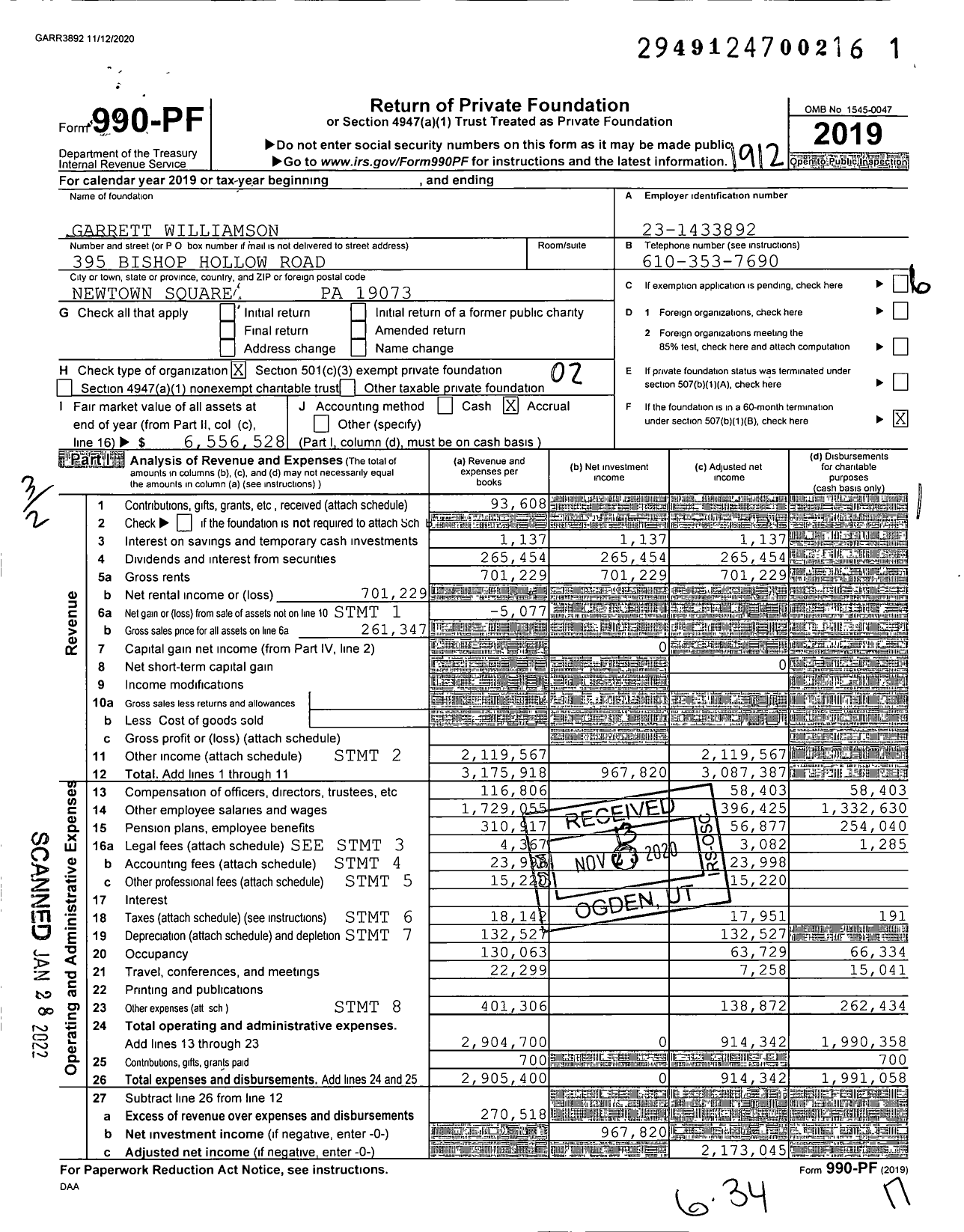 Image of first page of 2019 Form 990PF for Garrett Williamson