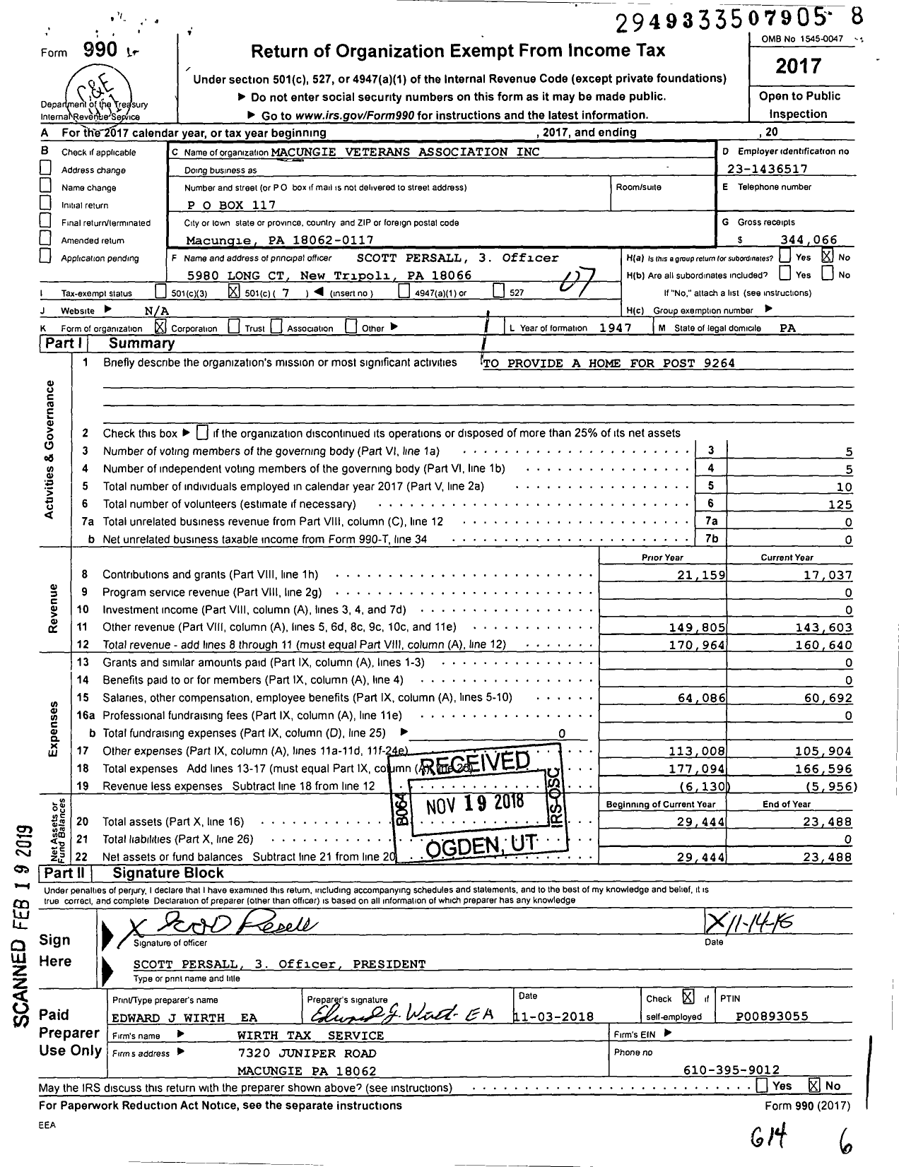 Image of first page of 2017 Form 990O for Macungie Veterans Association