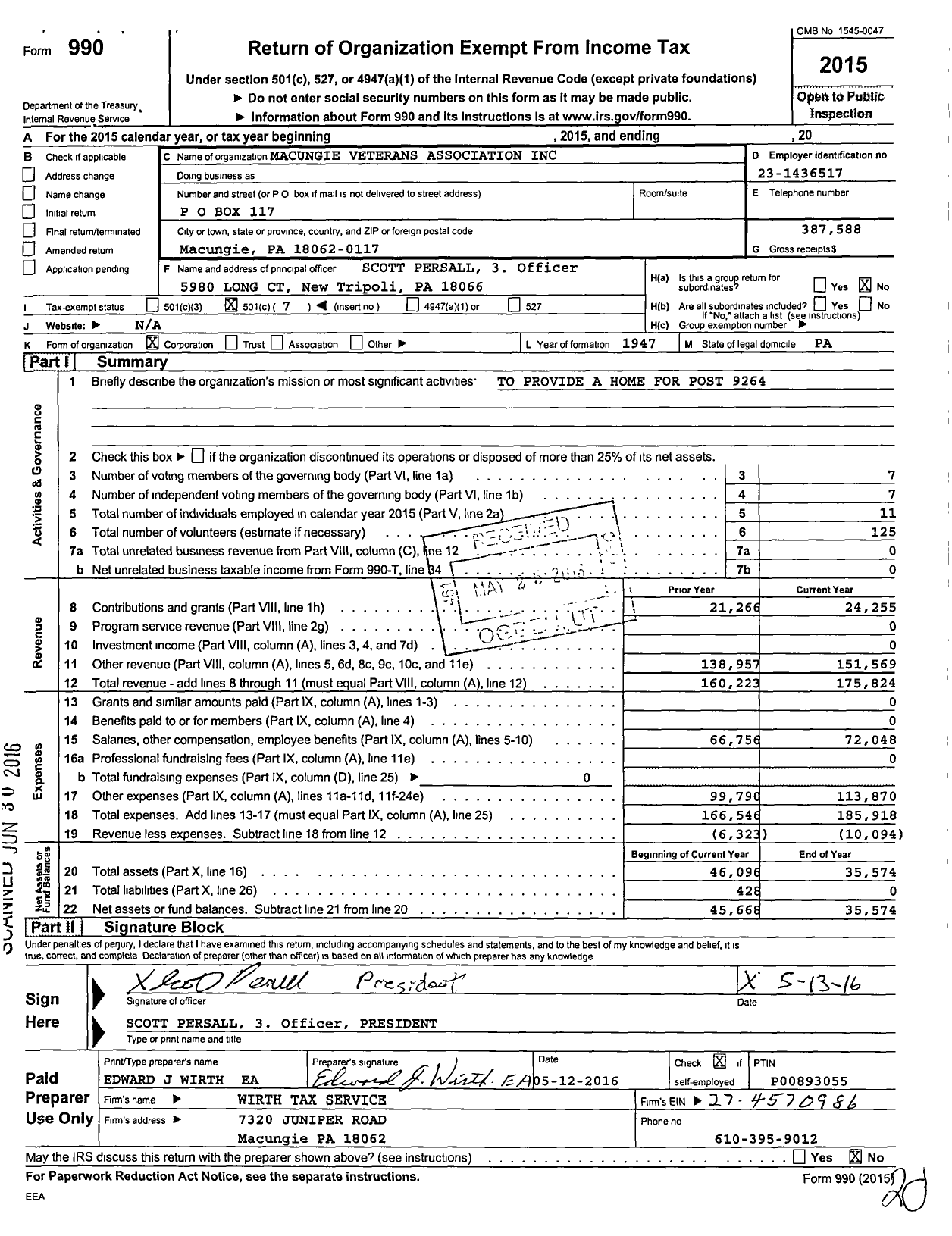 Image of first page of 2015 Form 990O for Macungie Veterans Association