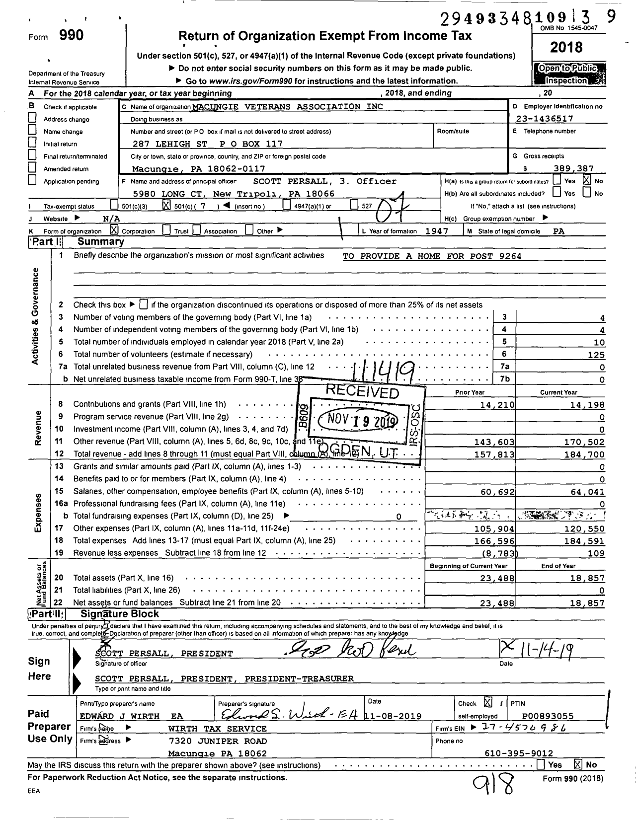 Image of first page of 2018 Form 990O for Macungie Veterans Association