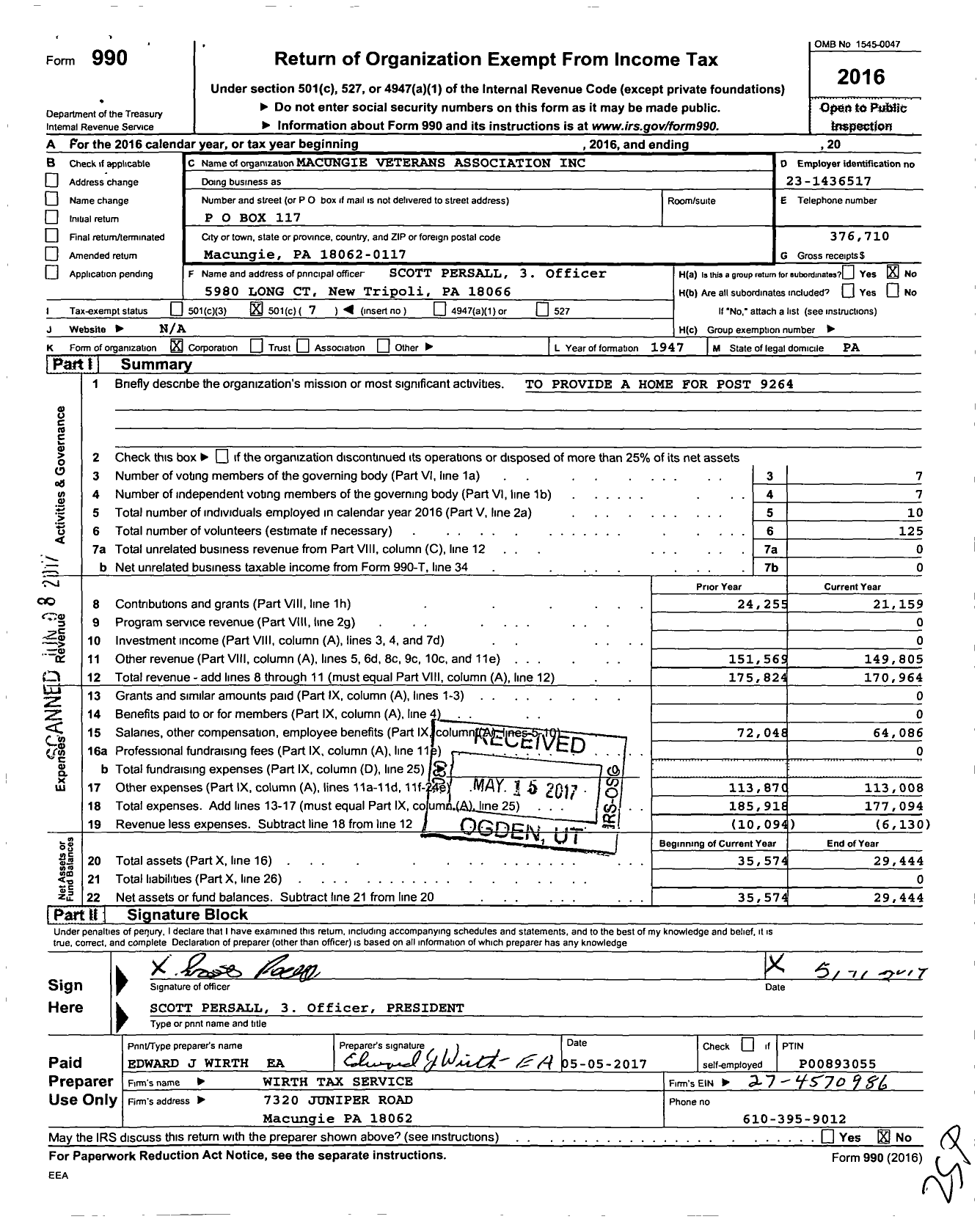 Image of first page of 2016 Form 990O for Macungie Veterans Association