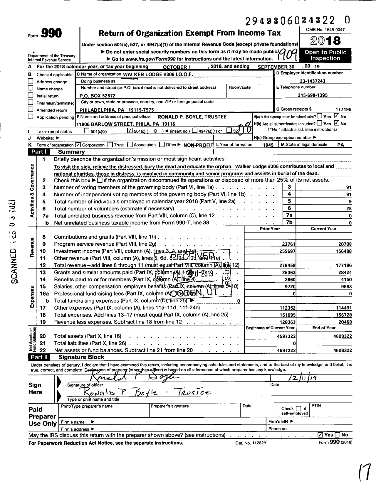 Image of first page of 2018 Form 990O for Independent Order of Odd Fellows - 306 Walker LDG