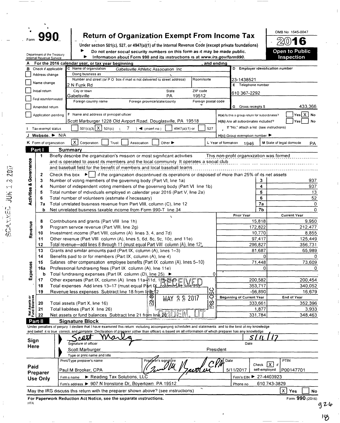 Image of first page of 2016 Form 990O for Gabelsville Athletic Association