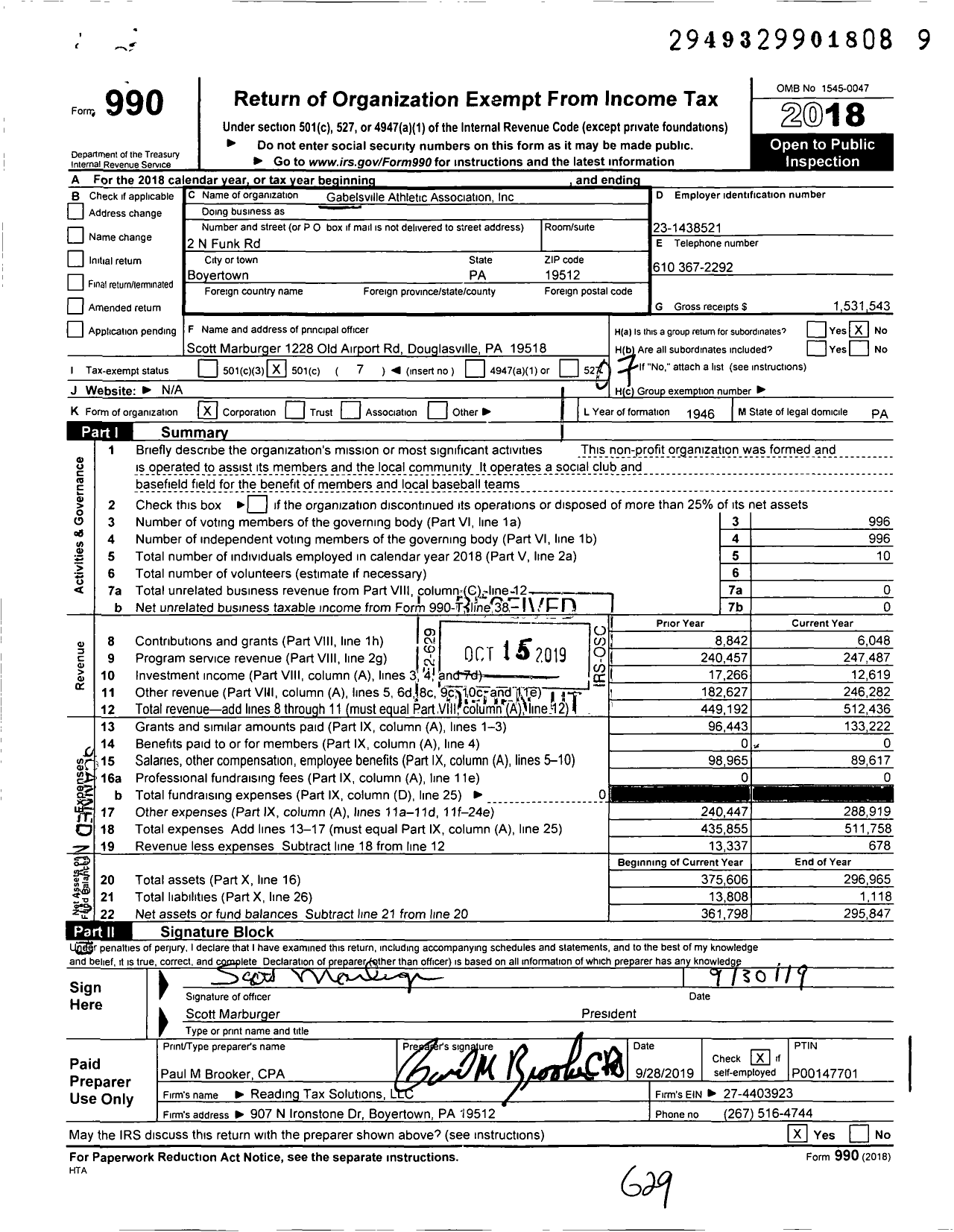 Image of first page of 2018 Form 990O for Gabelsville Athletic Association