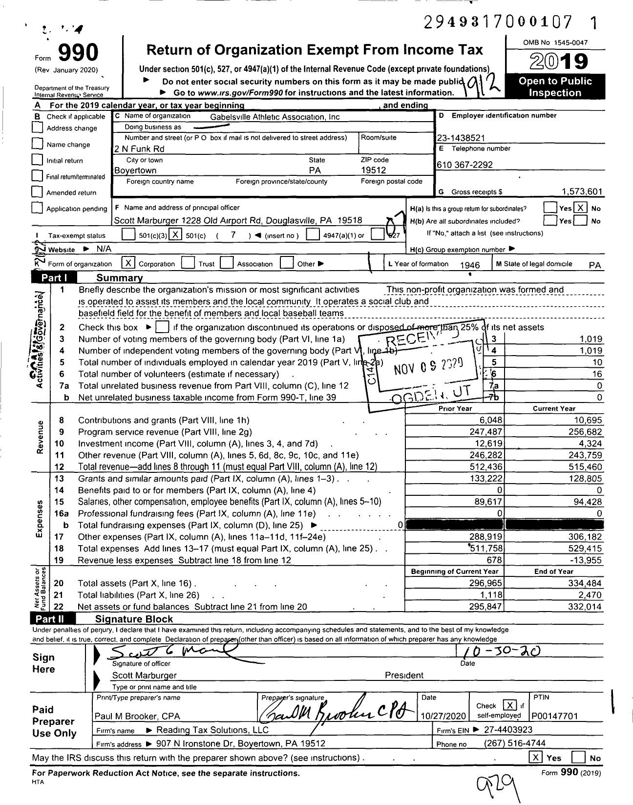 Image of first page of 2019 Form 990O for Gabelsville Athletic Association