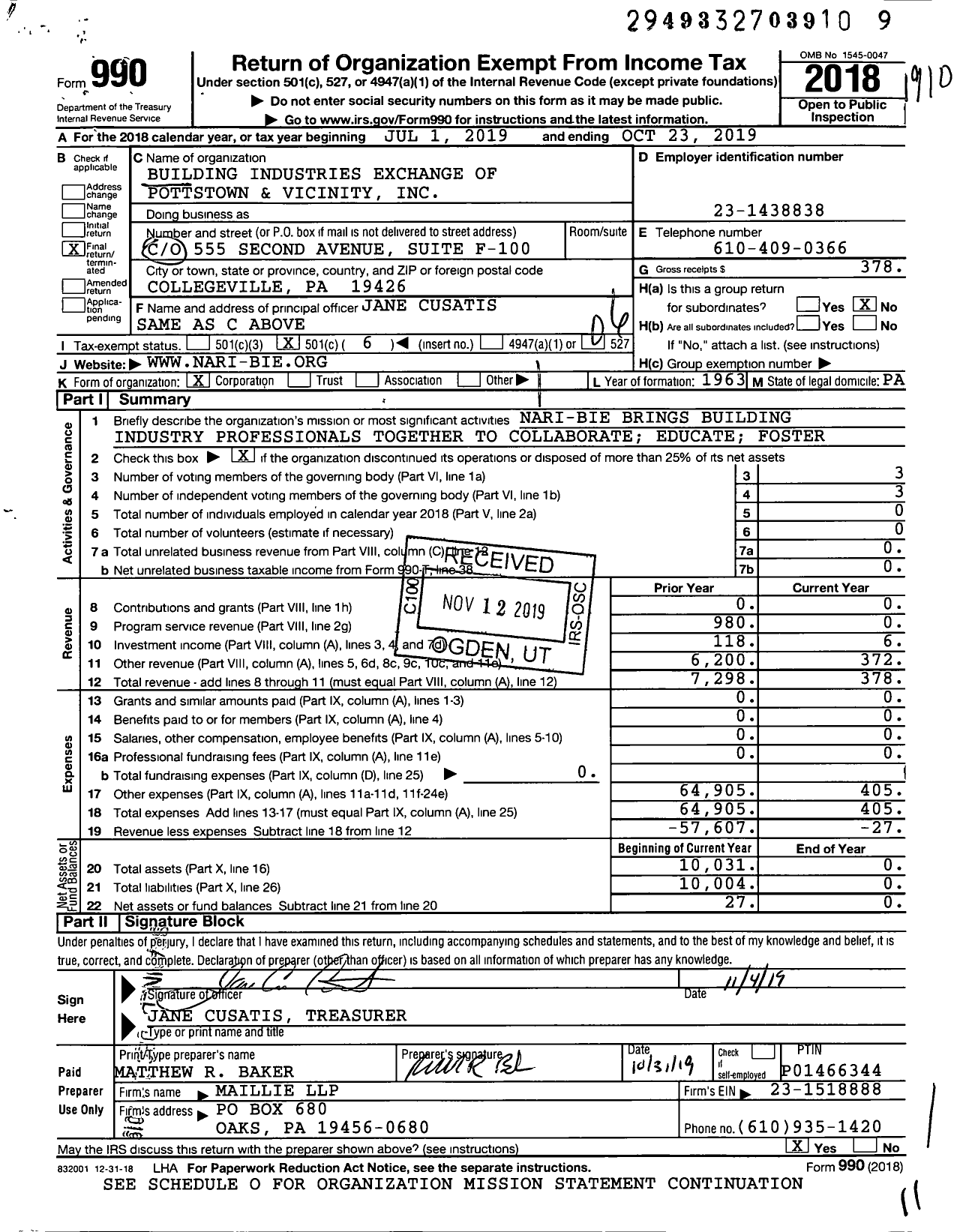 Image of first page of 2018 Form 990O for Building Industries Exchange of Pottstown and Vicinity