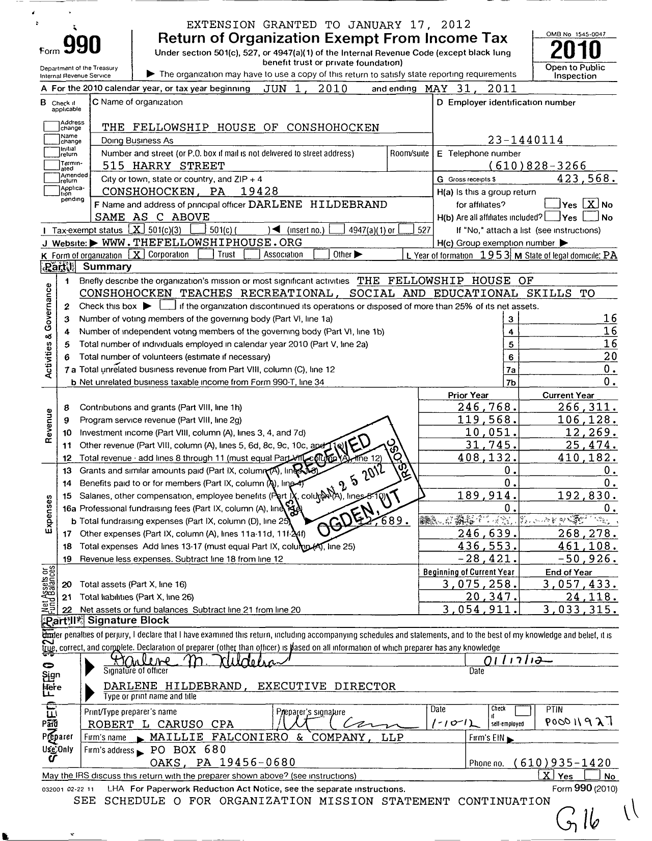 Image of first page of 2010 Form 990 for The Fellowship House of Conshohocken