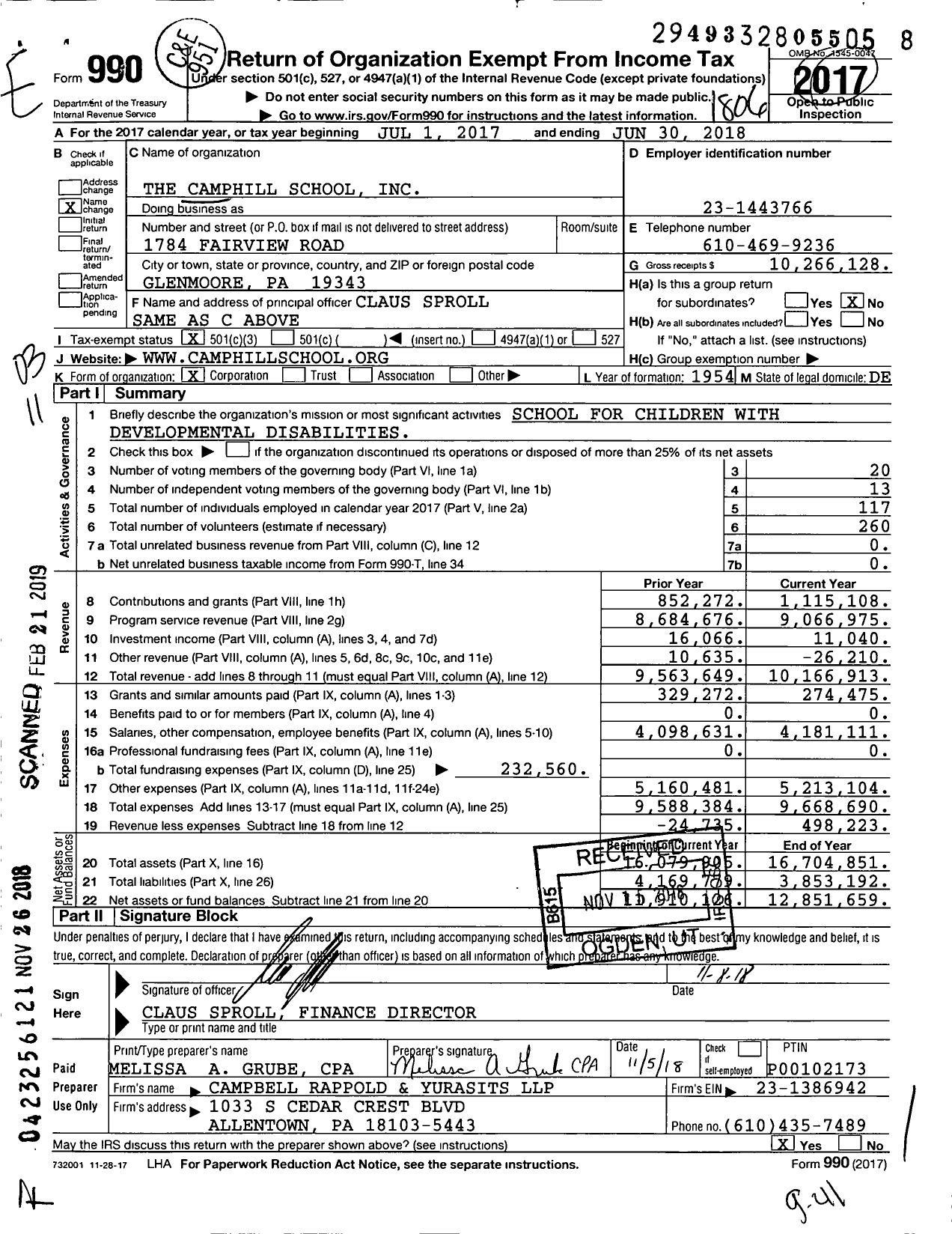Image of first page of 2017 Form 990 for The Camphill School