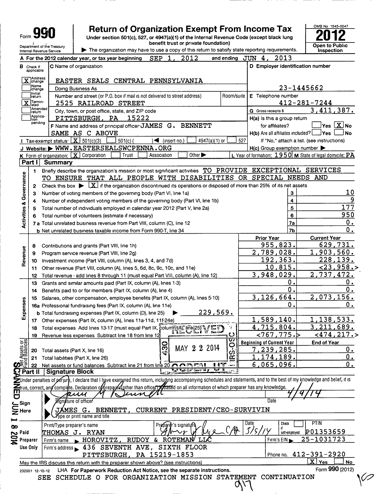 Image of first page of 2012 Form 990 for Easter Seals Central Pennsylvania