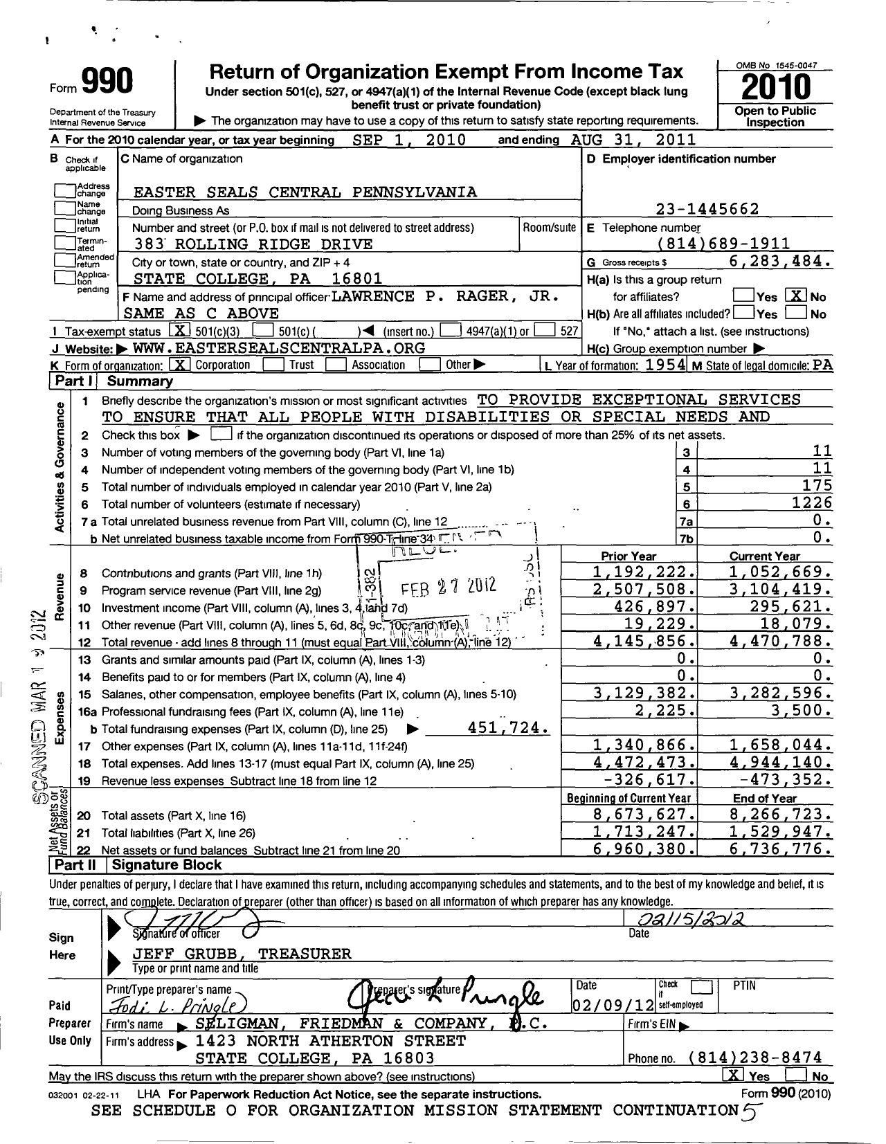 Image of first page of 2010 Form 990 for Easter Seals Central Pennsylvania