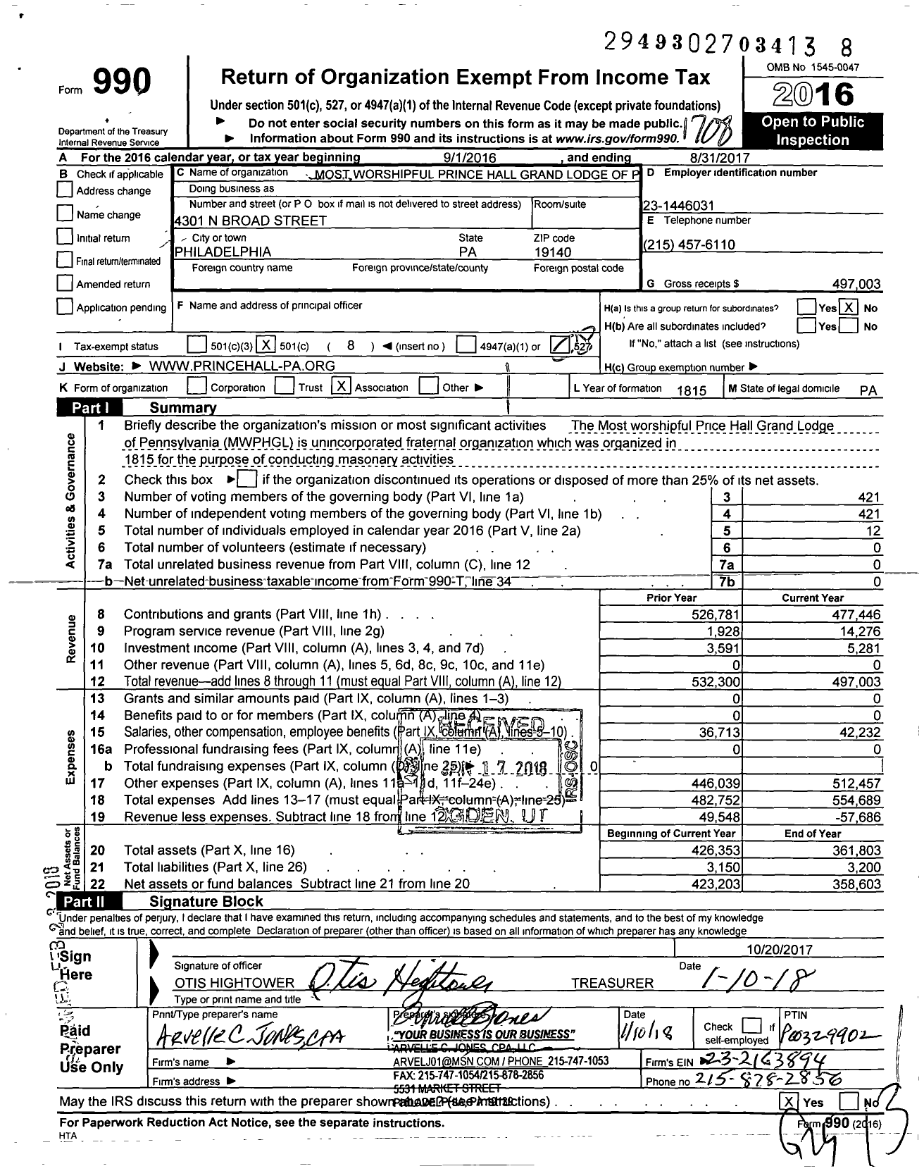 Image of first page of 2016 Form 990O for Most Worshipful Prince Grand Lodge of Pennsylvania