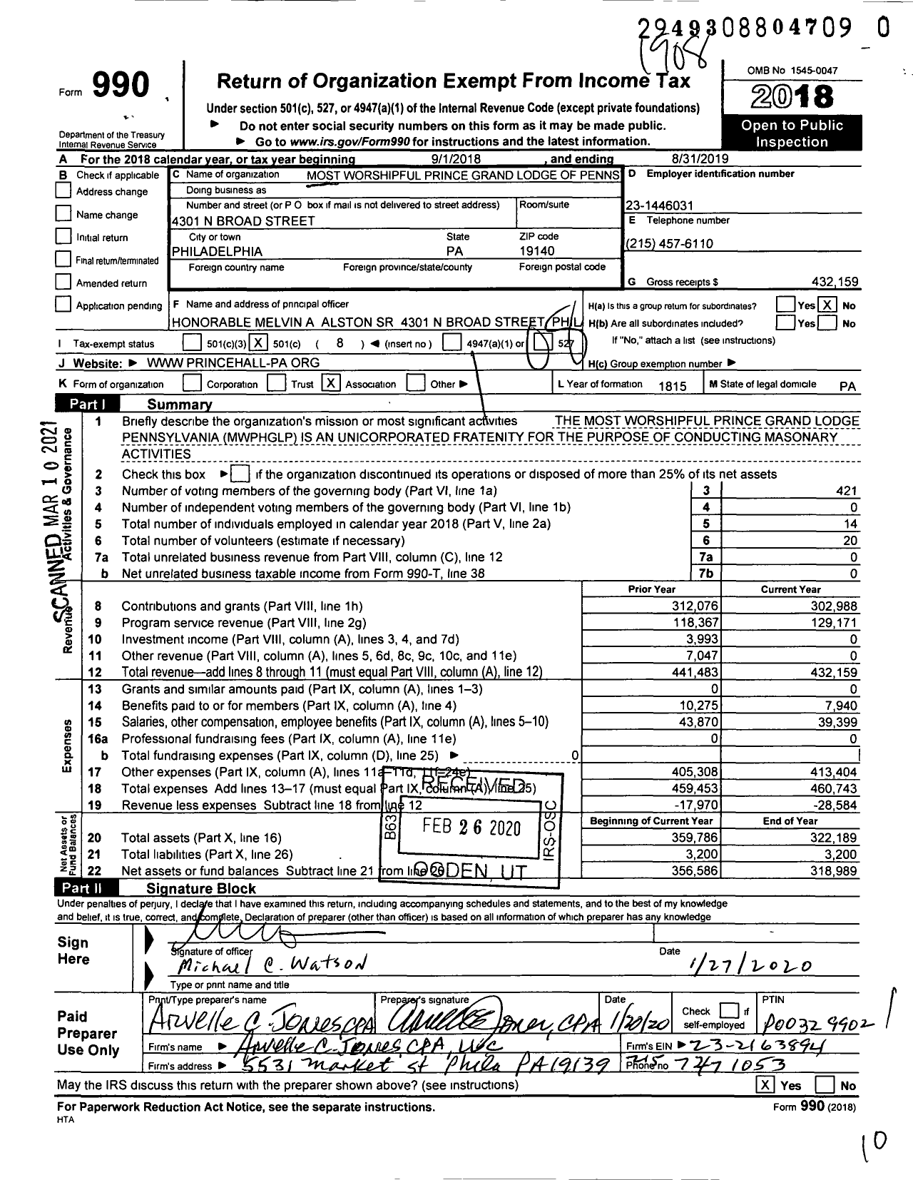 Image of first page of 2018 Form 990O for Most Worshipful Prince Grand Lodge of Pennsylvania