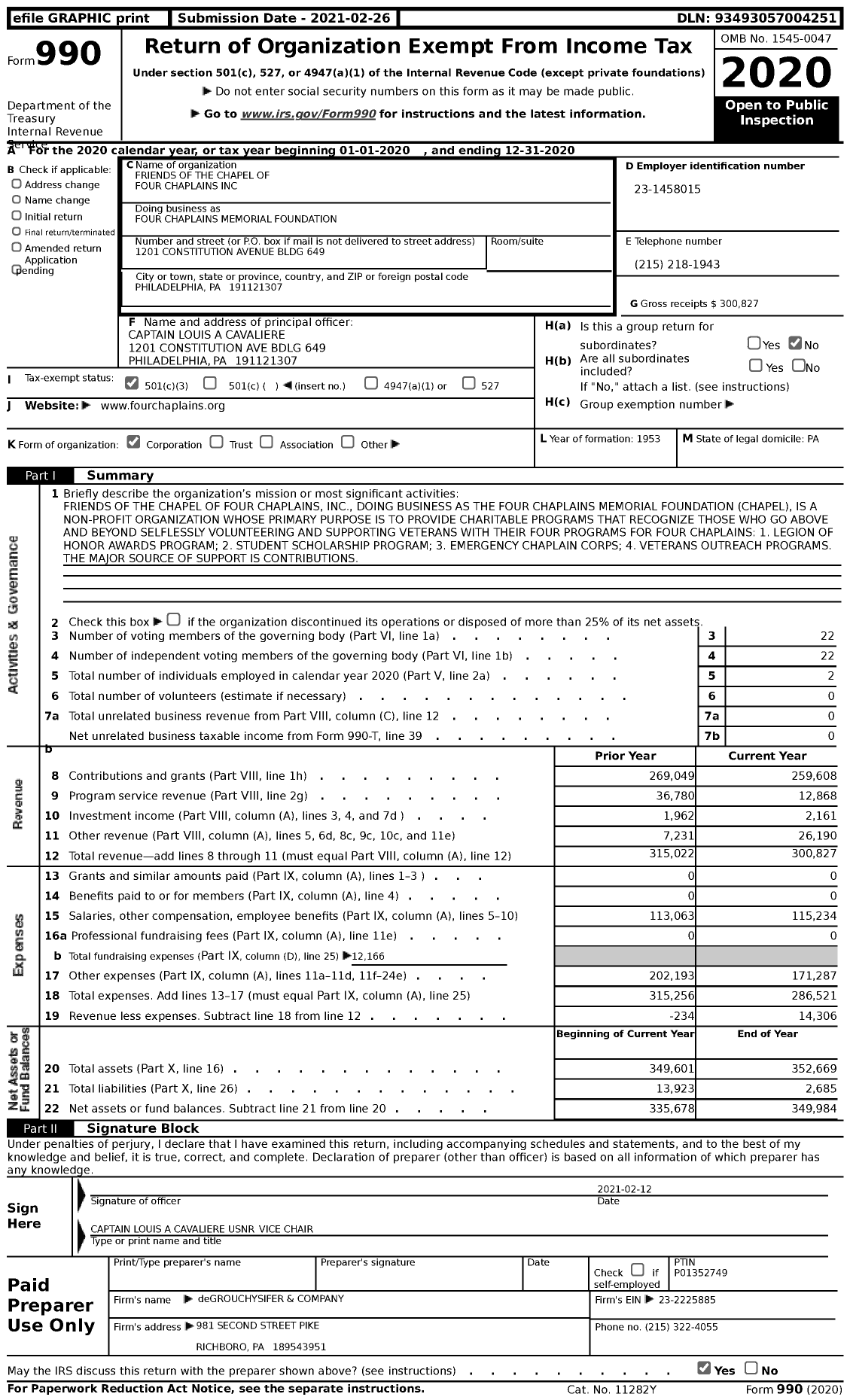 Image of first page of 2020 Form 990 for Four Chaplains Memorial Foundation