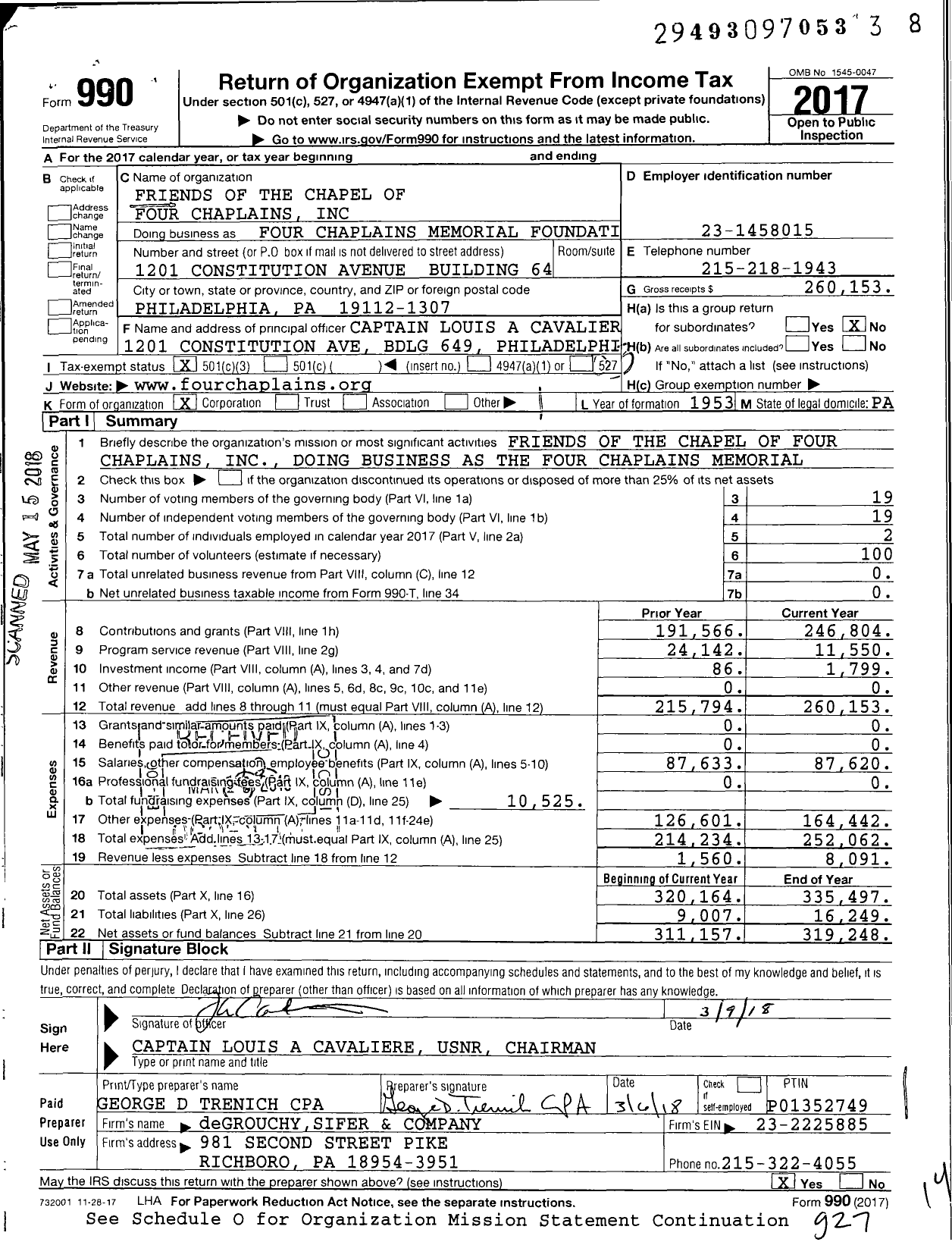 Image of first page of 2017 Form 990 for Four Chaplains Memorial Foundation
