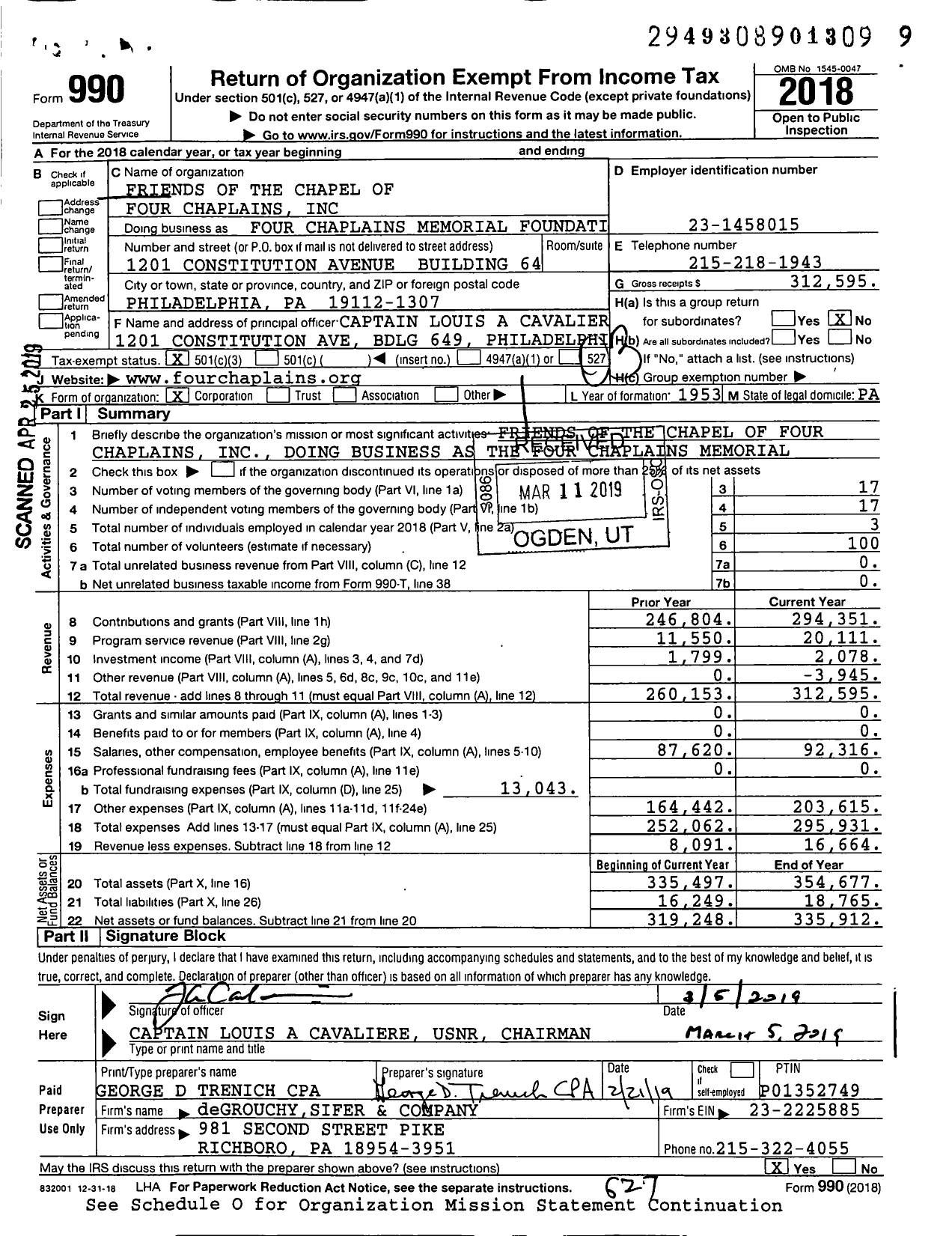 Image of first page of 2018 Form 990 for Four Chaplains Memorial Foundation