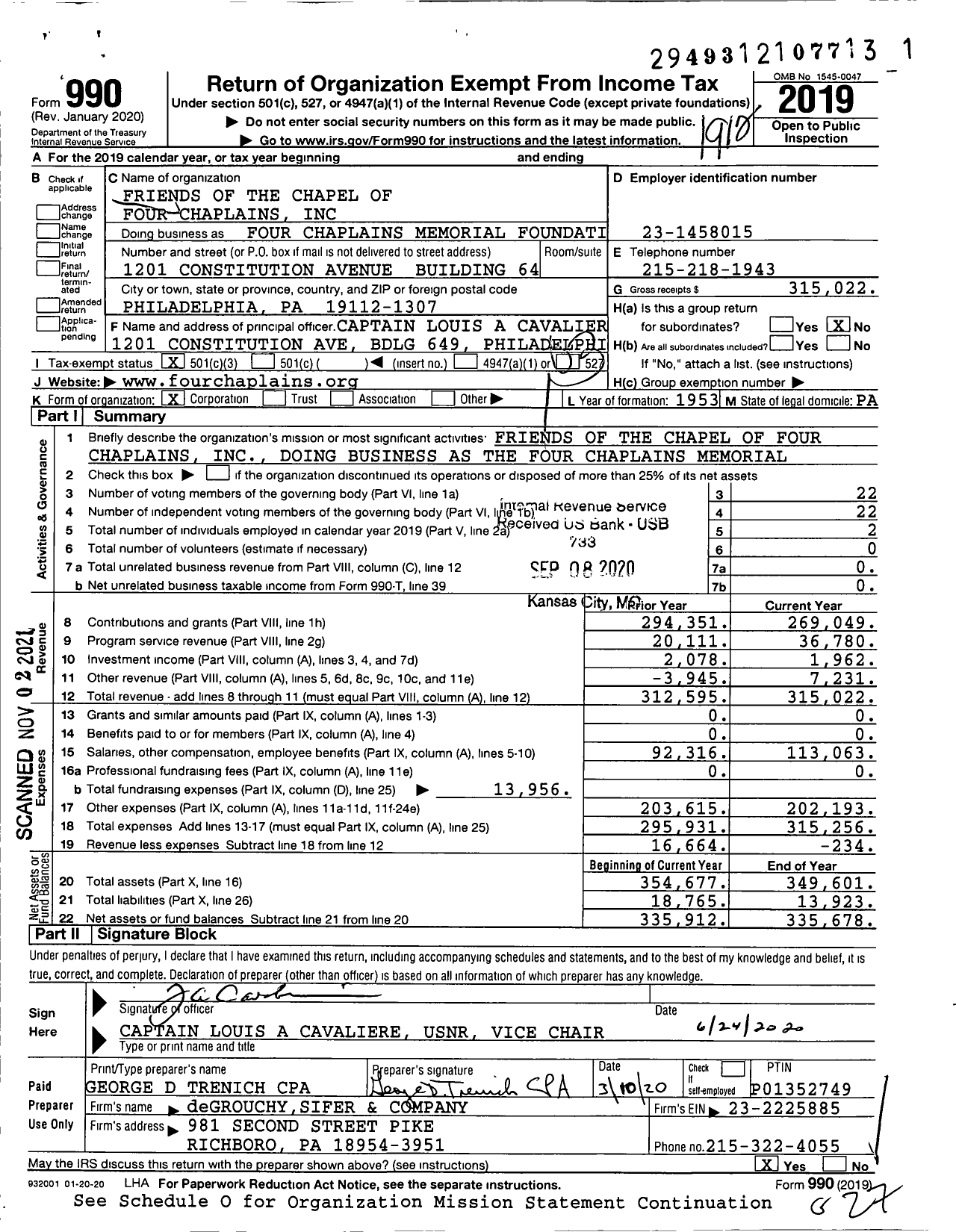 Image of first page of 2019 Form 990 for Four Chaplains Memorial Foundation