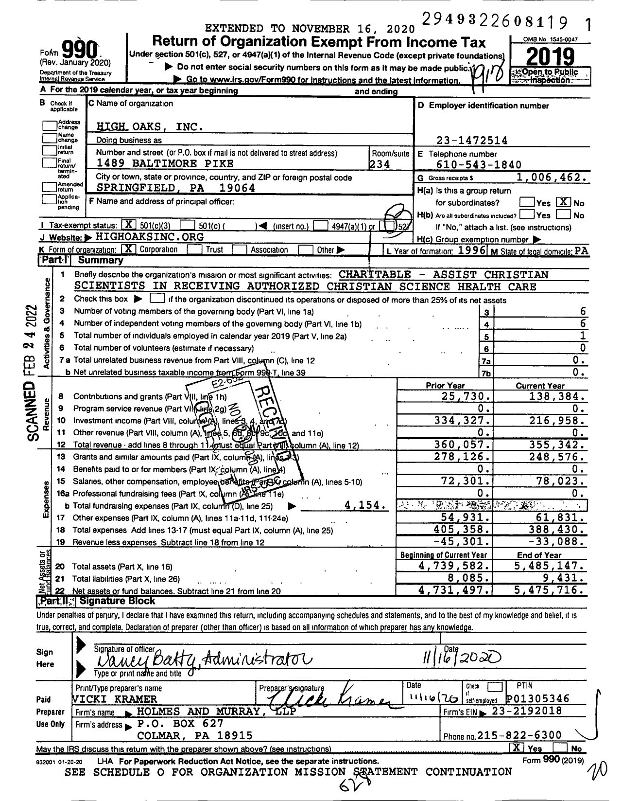 Image of first page of 2019 Form 990 for High Oaks