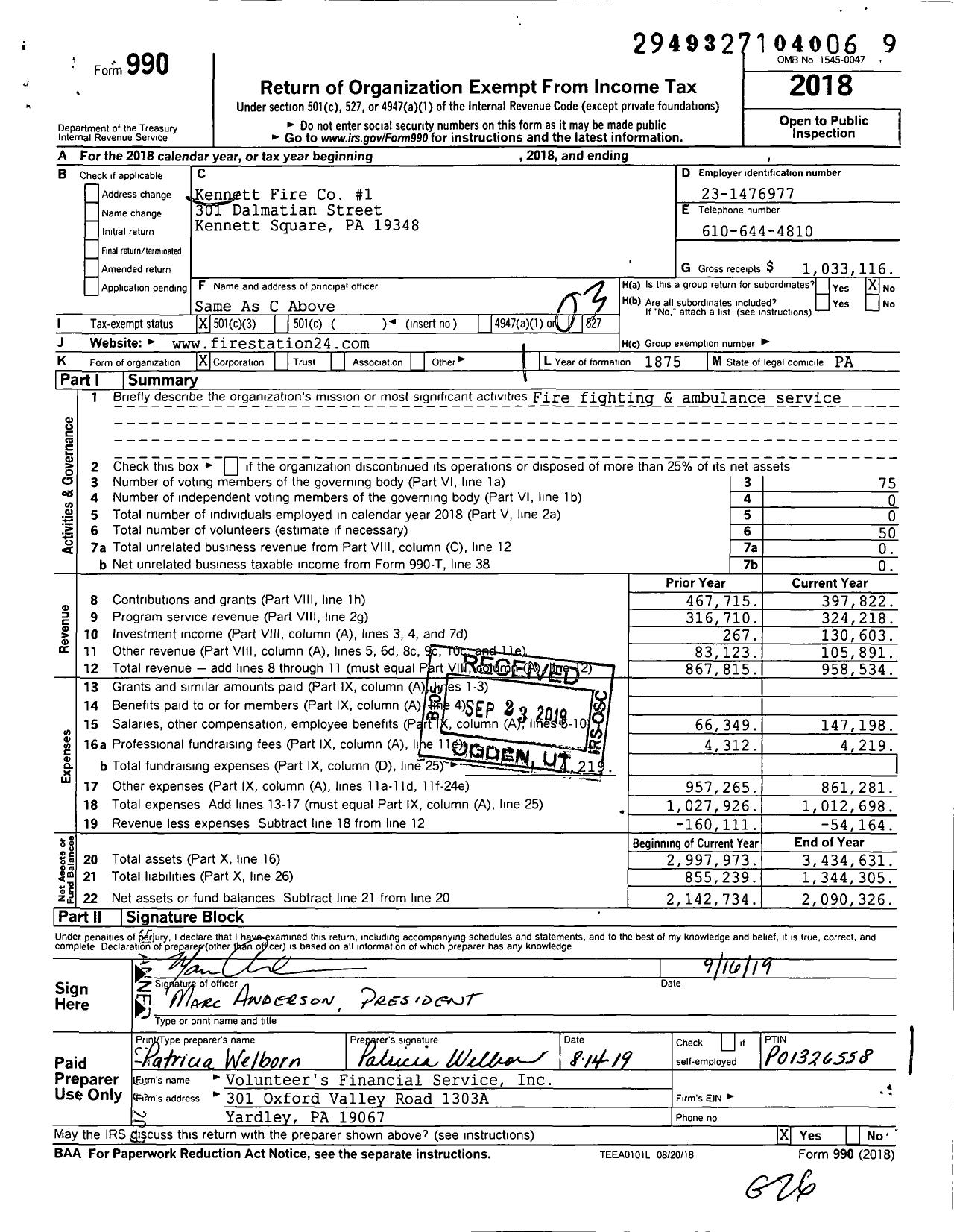 Image of first page of 2018 Form 990 for Kennett Fire Co No1