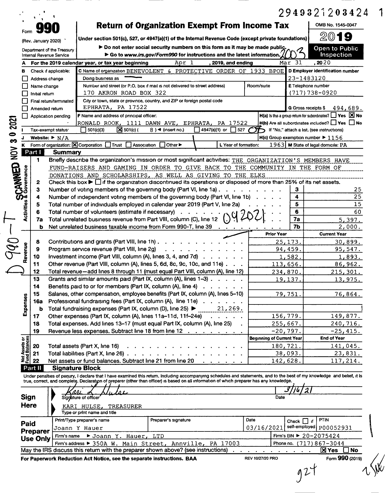 Image of first page of 2019 Form 990O for Benevolent and Protective Order of Elks - 1933 Ephrata