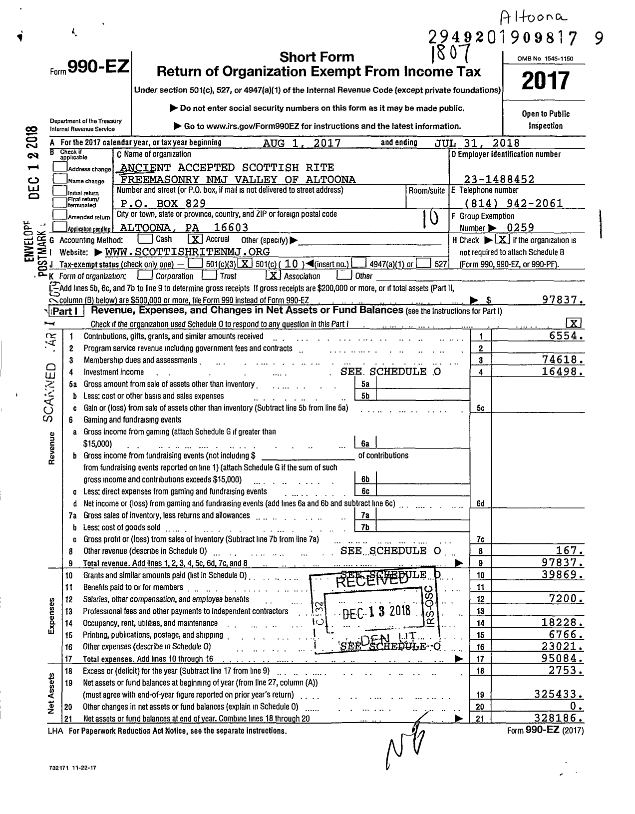 Image of first page of 2017 Form 990EO for Scottish Rite, NMJ - Valley of Altoona